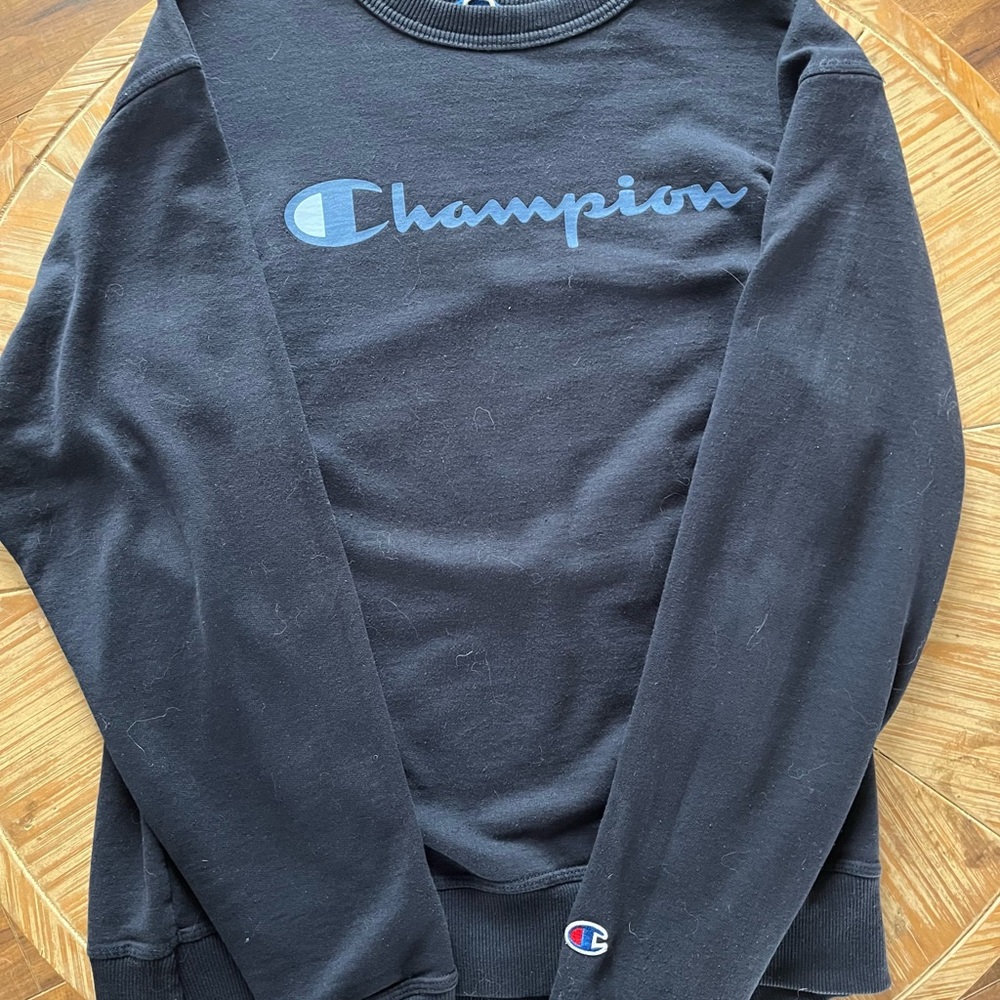 Champion Black Crewneck with Blue Logo